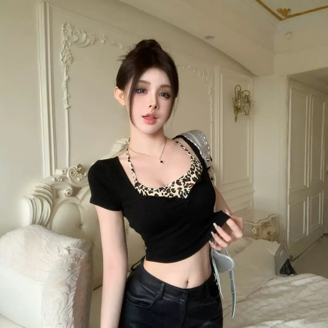 Design Leopard Print Halter Skinny Short T-shirt