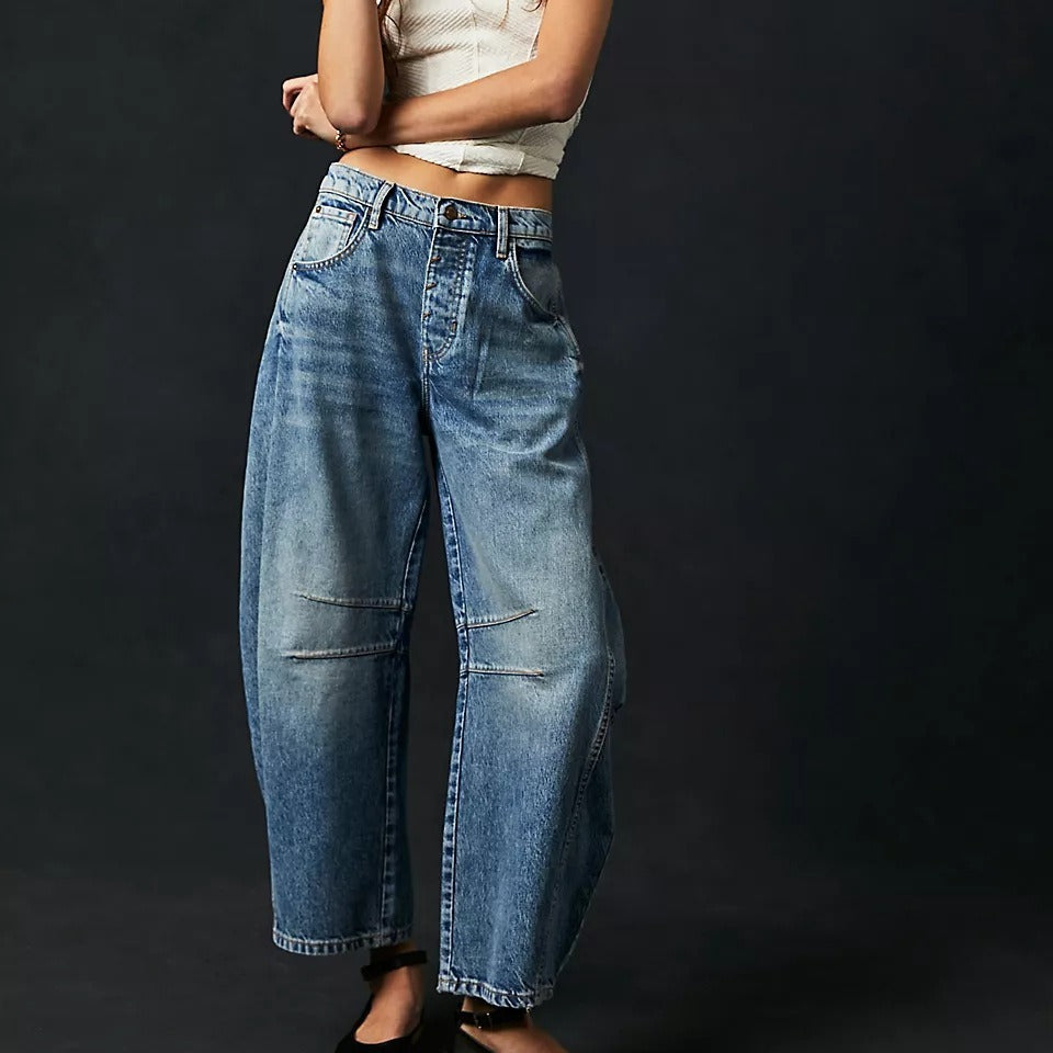 High Stretch Mid-Rise Barrel Jeans Fashion Wide Leg Shape Women Casual Baggy Mid Waist Denim Jeans - Your Shopify