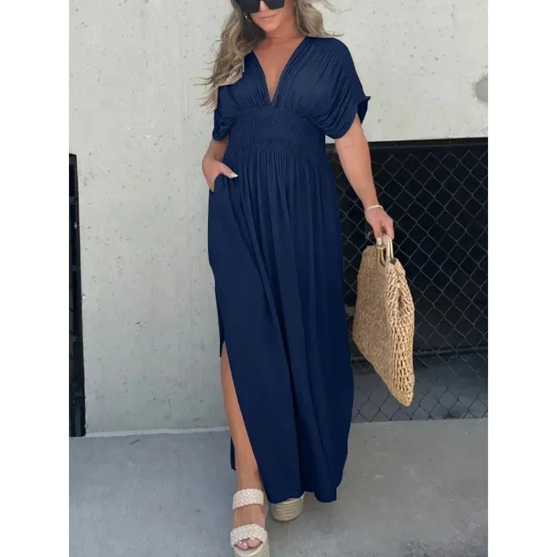 Fashion Bat-sleeved V-neck Slit Dress Summer Short Sleeve Elastic Waist Long Dresses Womens Clothing - Your Shopify