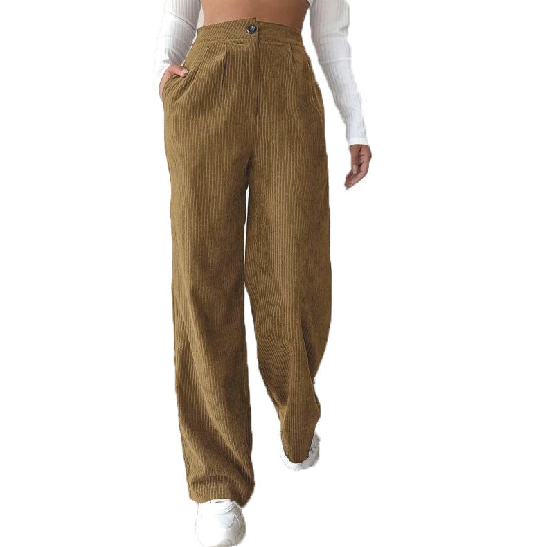 Women's High Waist Casual Pants Solid Color Corduroy Baggy Straight Trousers - Your Shopify