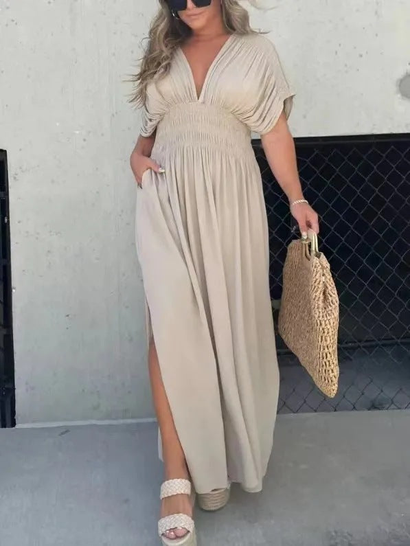 Fashion Bat-sleeved V-neck Slit Dress Summer Short Sleeve Elastic Waist Long Dresses Womens Clothing - Your Shopify