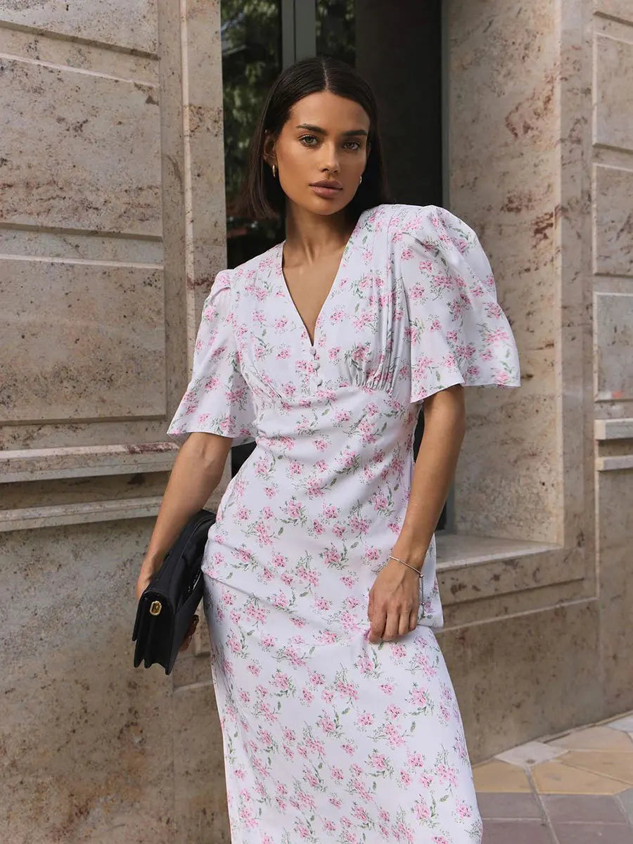 Summer Floral Print V Neck Maxi Dress Women's Elegant Short Sleeve High Waist Slim Casual Long Dress Temperament Female Vestidos