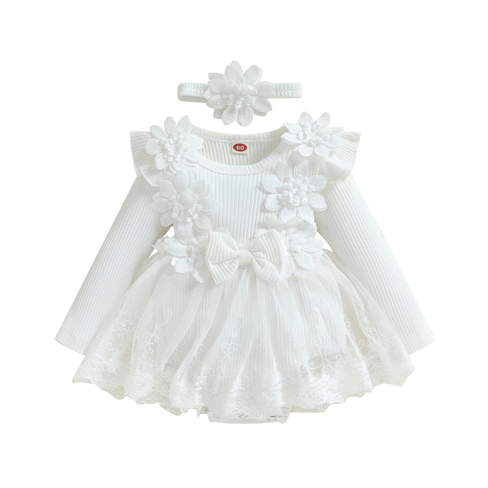 3D Flower Summer Baby Girls Romper Princess Mesh Newborn Clothes Lace Patchwork Ruffle Bodysuit Dress Headband Kids Clothing