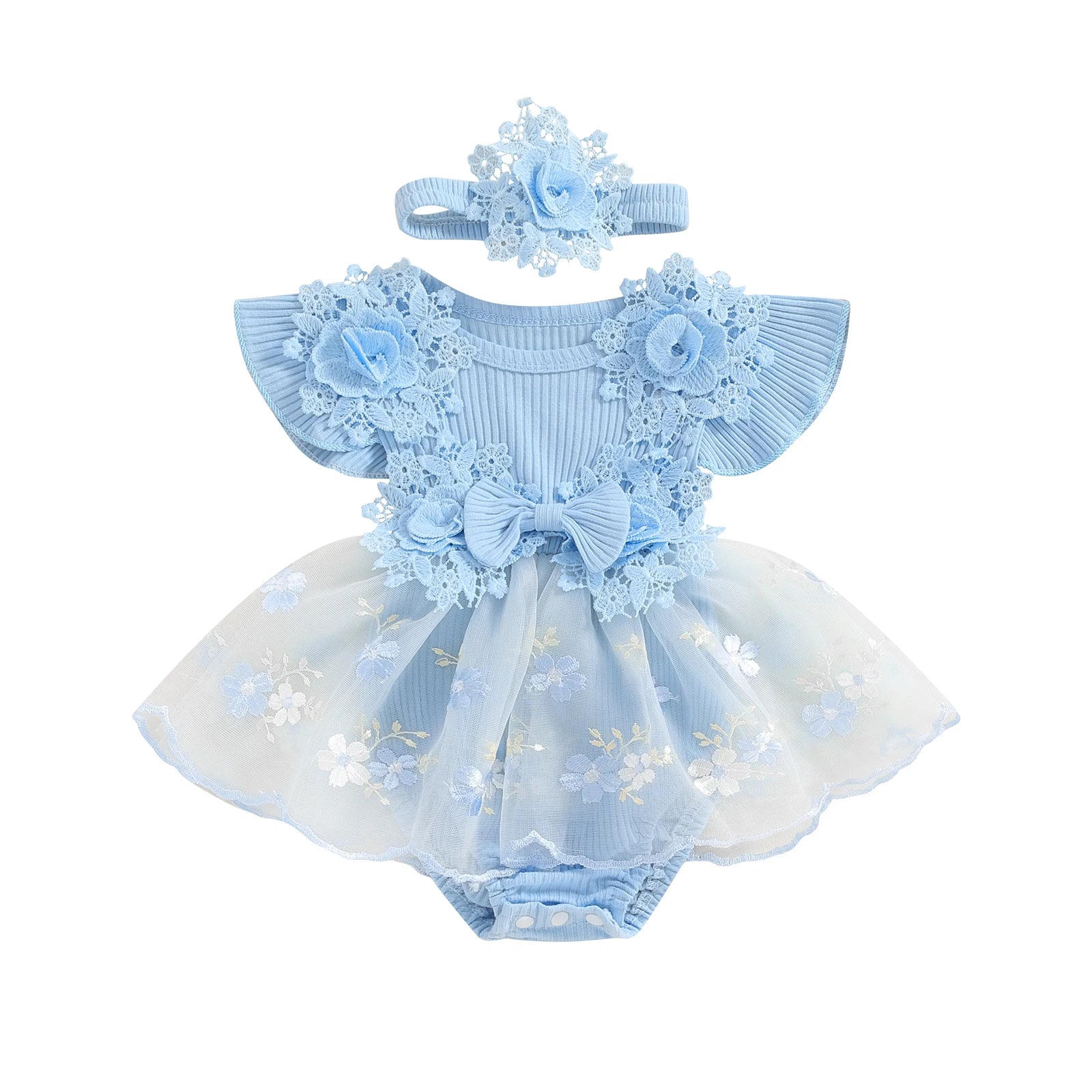 3D Flower Summer Baby Girls Romper Princess Mesh Newborn Clothes Lace Patchwork Ruffle Bodysuit Dress Headband Kids Clothing