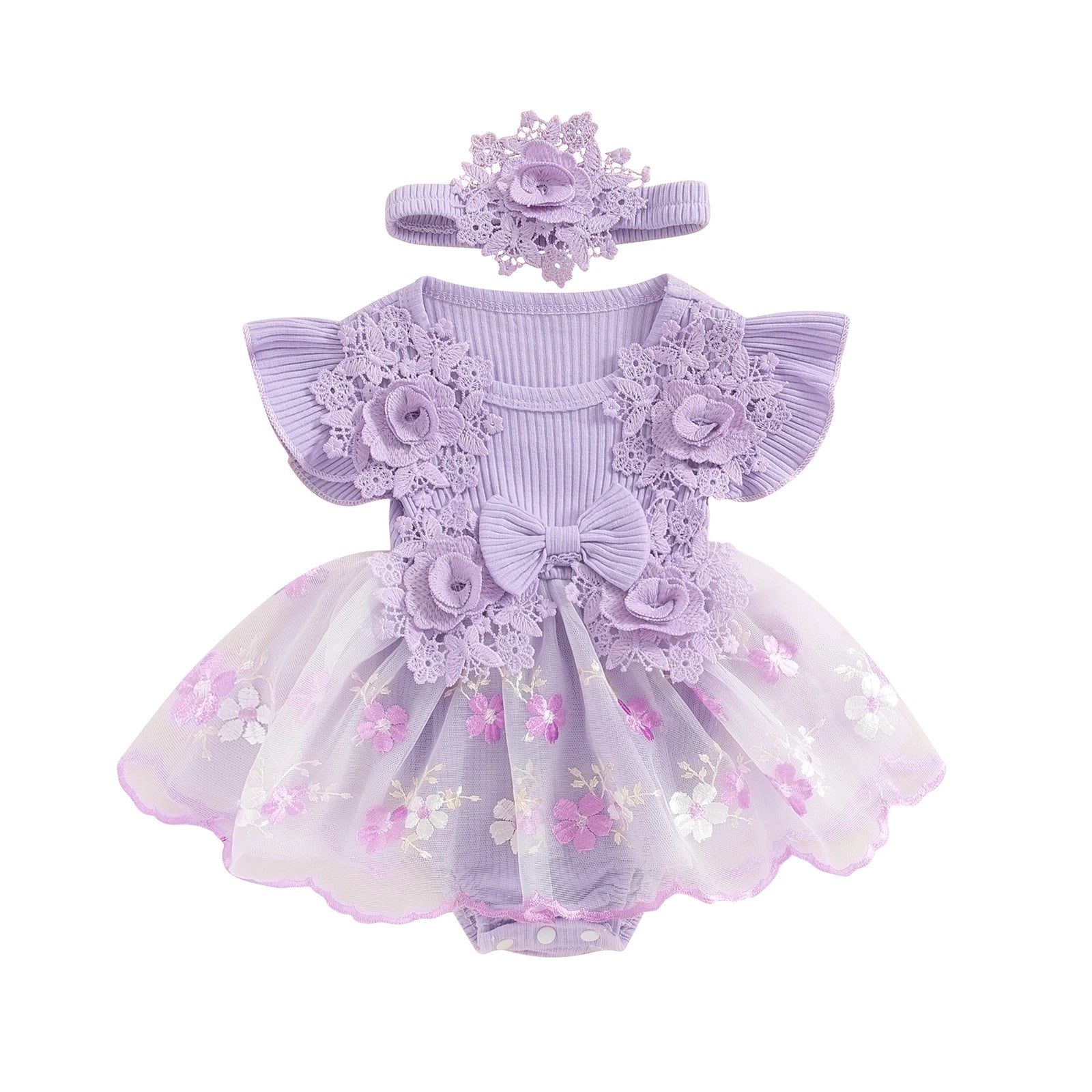 3D Flower Summer Baby Girls Romper Princess Mesh Newborn Clothes Lace Patchwork Ruffle Bodysuit Dress Headband Kids Clothing