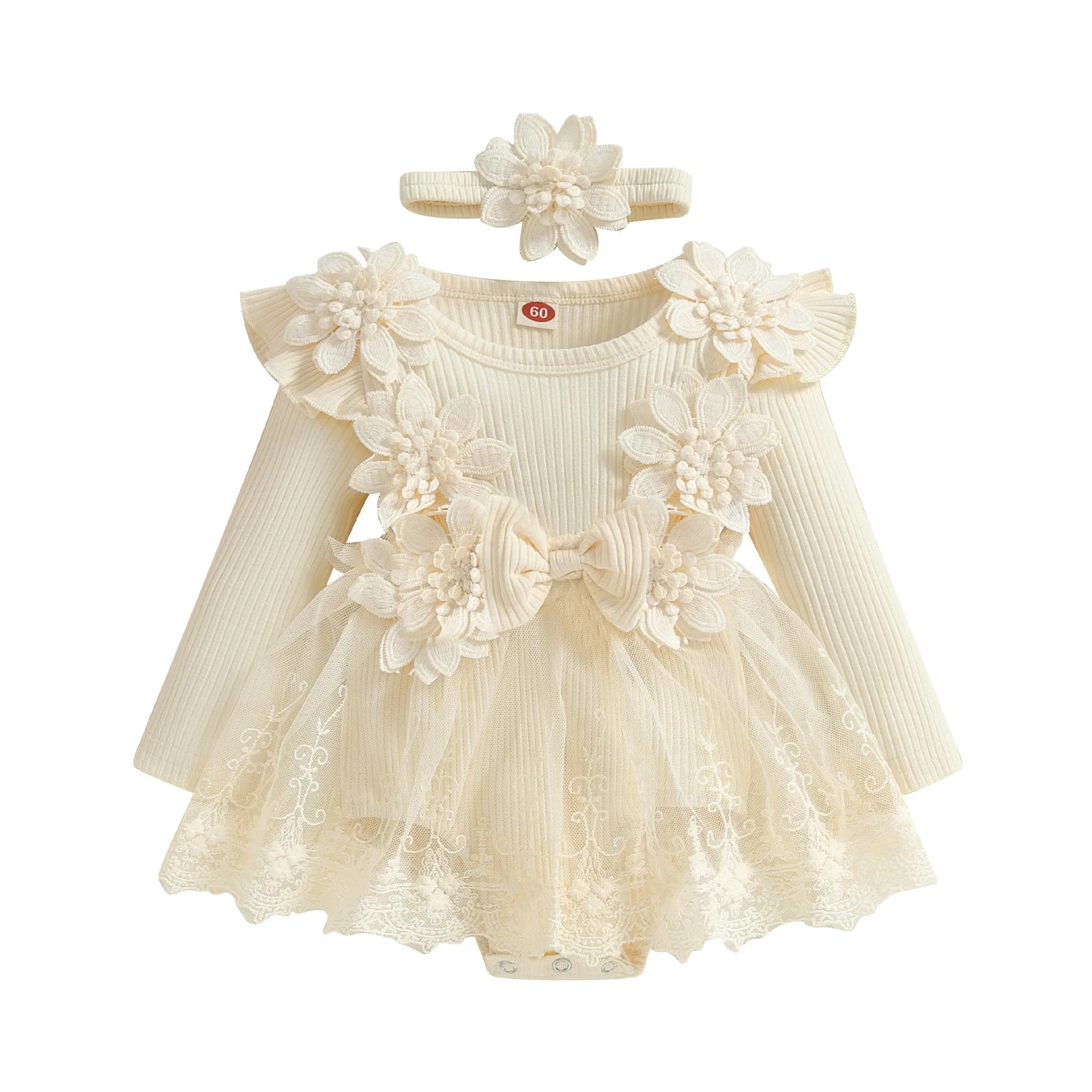 3D Flower Summer Baby Girls Romper Princess Mesh Newborn Clothes Lace Patchwork Ruffle Bodysuit Dress Headband Kids Clothing