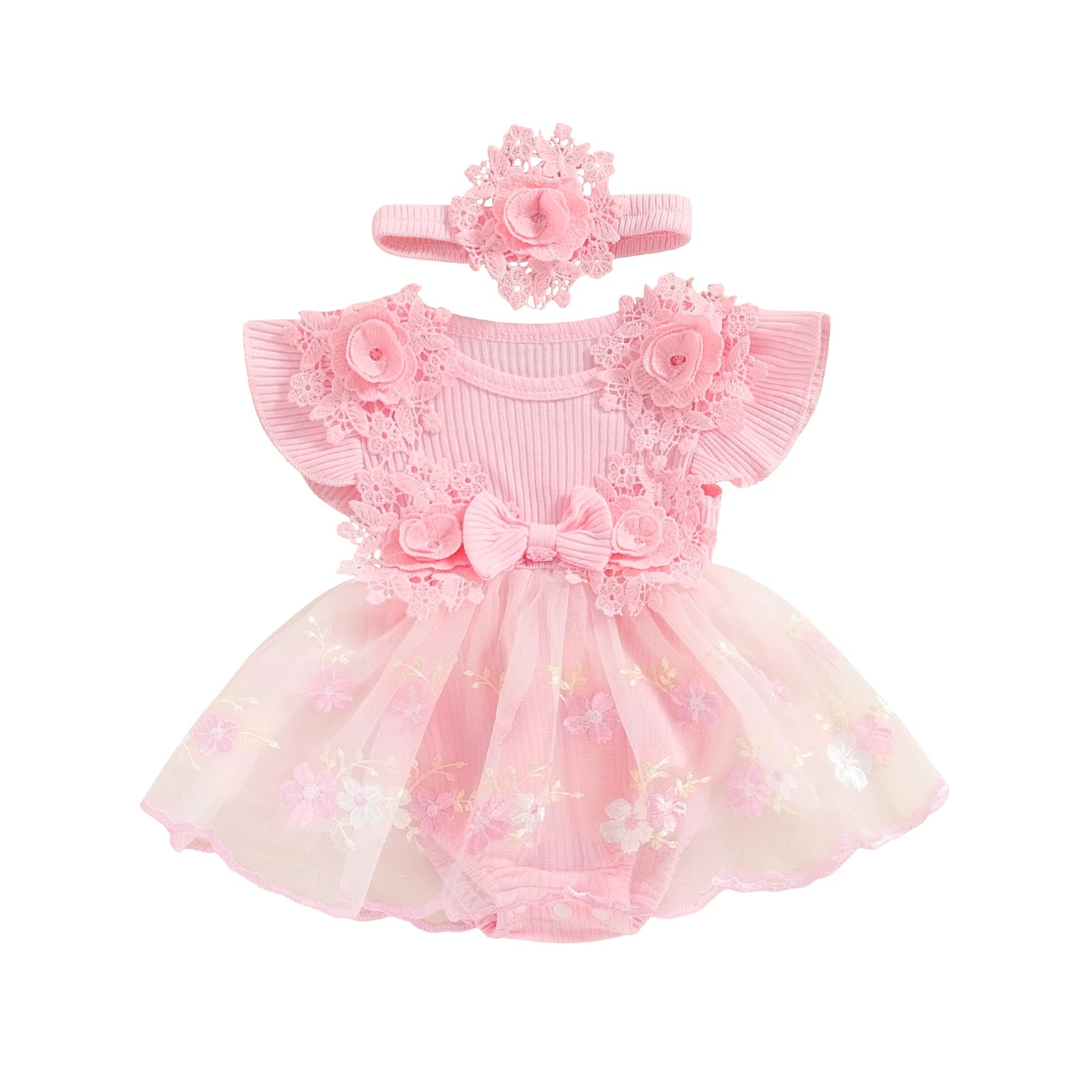3D Flower Summer Baby Girls Romper Princess Mesh Newborn Clothes Lace Patchwork Ruffle Bodysuit Dress Headband Kids Clothing