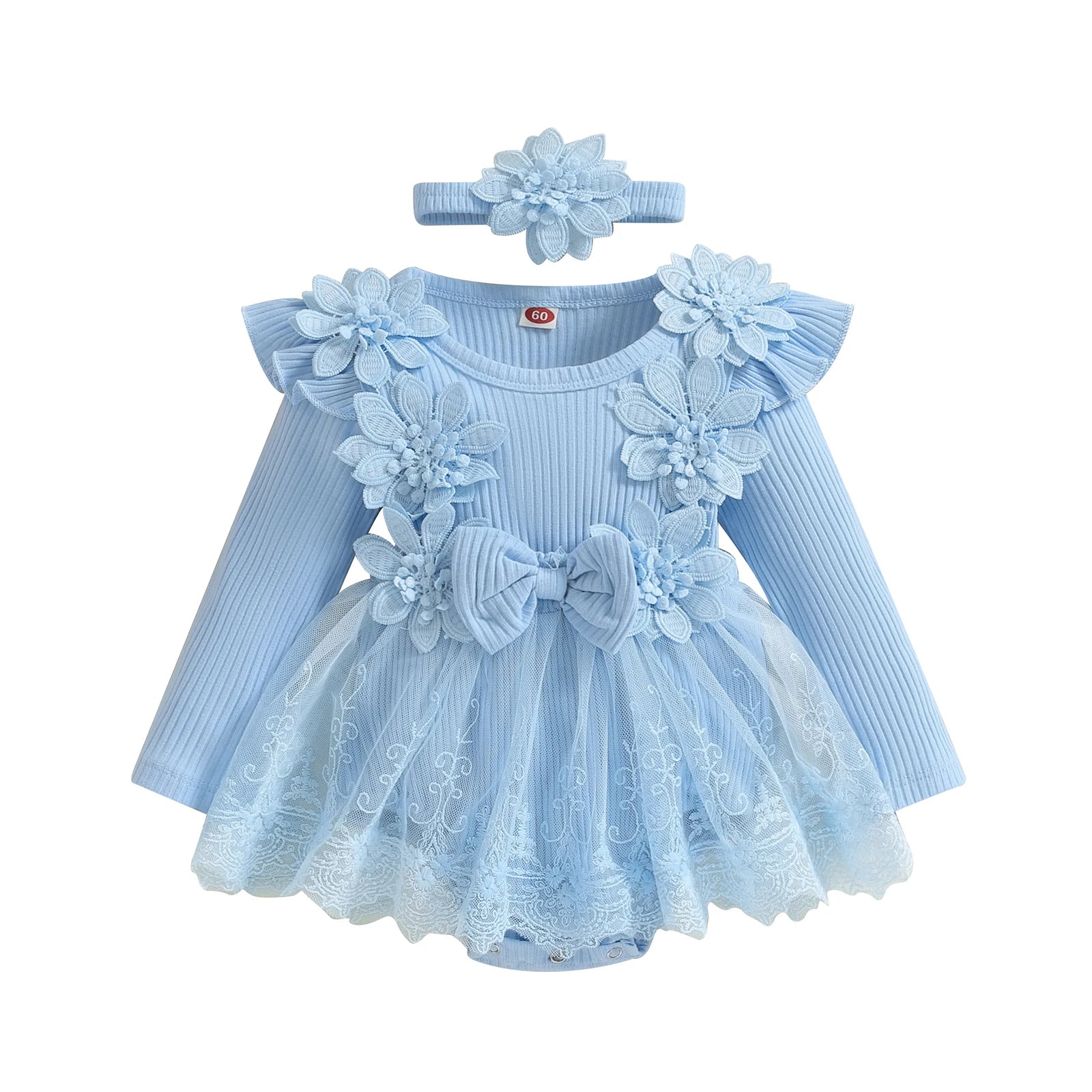 3D Flower Summer Baby Girls Romper Princess Mesh Newborn Clothes Lace Patchwork Ruffle Bodysuit Dress Headband Kids Clothing