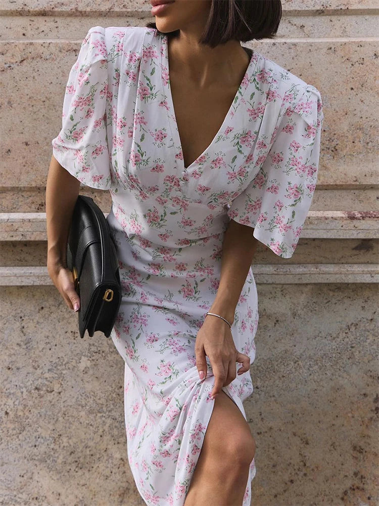 Summer Floral Print V Neck Maxi Dress Women's Elegant Short Sleeve High Waist Slim Casual Long Dress Temperament Female Vestidos