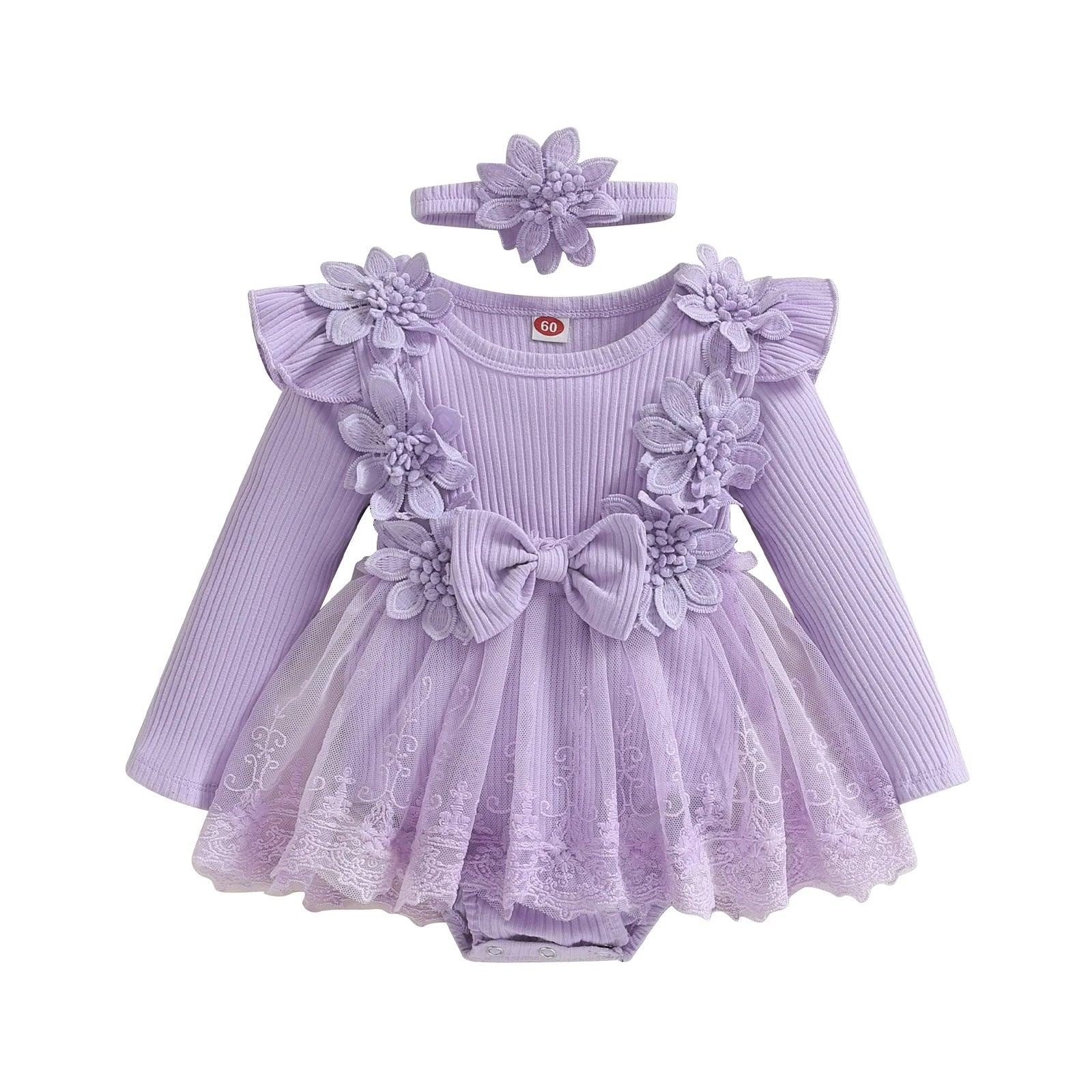 3D Flower Summer Baby Girls Romper Princess Mesh Newborn Clothes Lace Patchwork Ruffle Bodysuit Dress Headband Kids Clothing