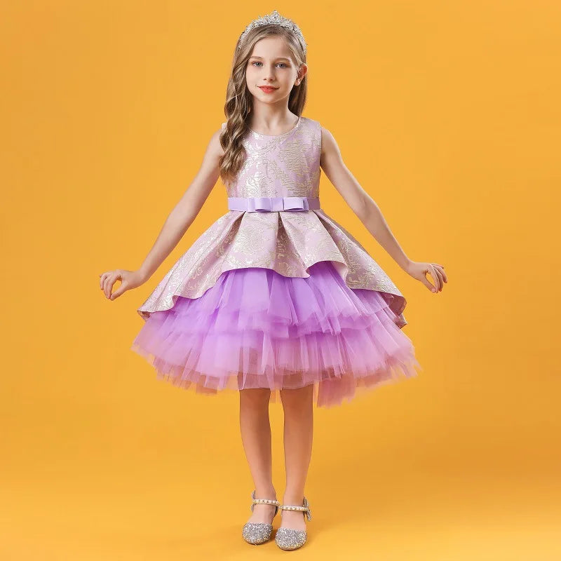 Layered Vintage Embroidery Baby Girls Princess Dress For Party Performance Elegant Kids Clothing платья для девочек 1-8 Years