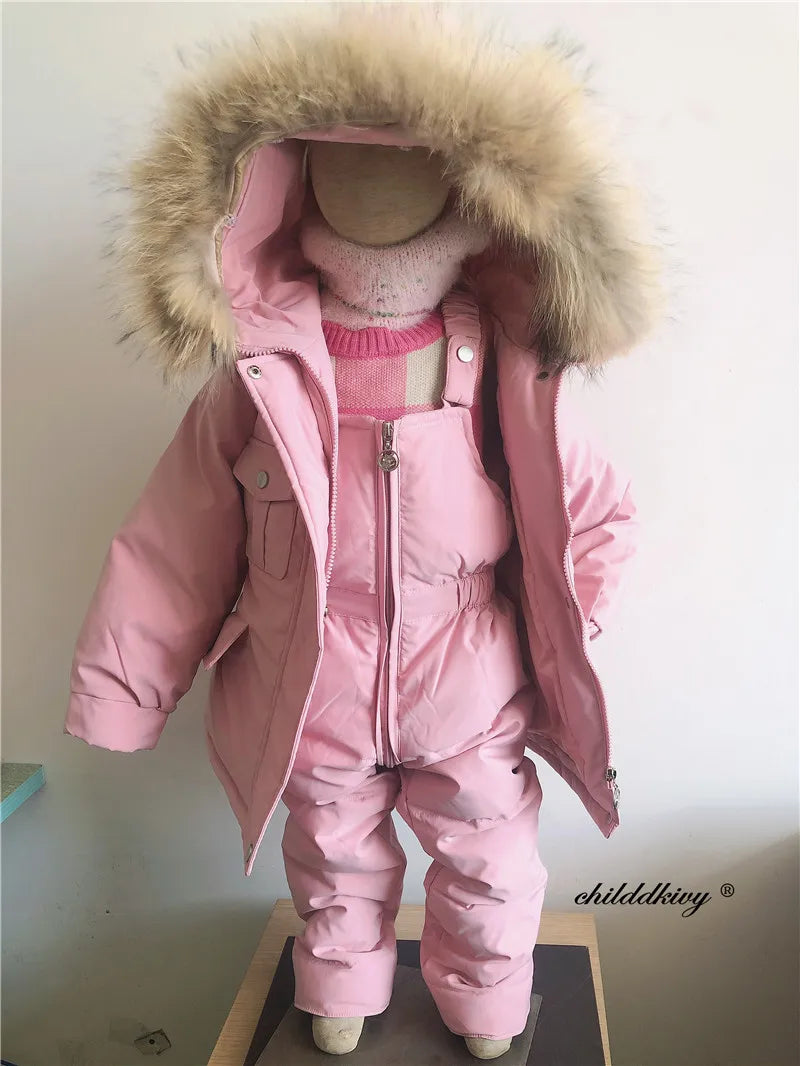 2pcs Set Children Winter Down Jacket and Jumpsuit for Baby Thicken Jacket for Girls Coat Warm Real Fur Collar Boys Snowsuit 0-4Y
