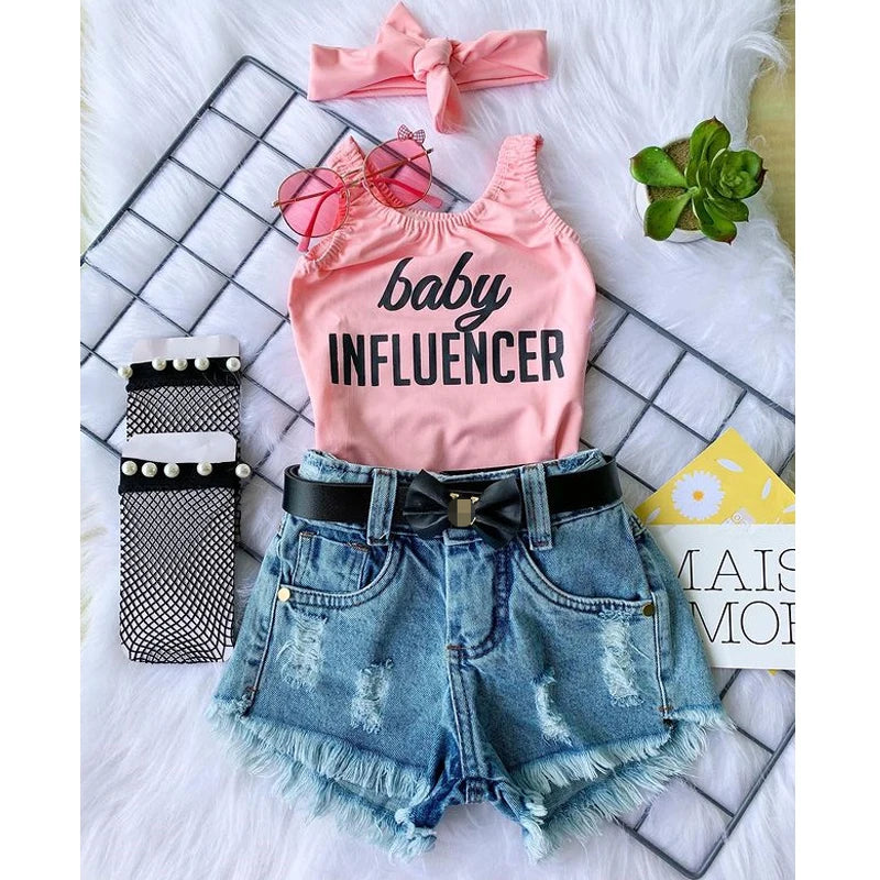 FOCUSNORM 0-5Y Fashion Baby Girls 3pcs Clothes Sets Letter Printed Sleeveless Vest Tops+High Waist Denim Shorts Headband