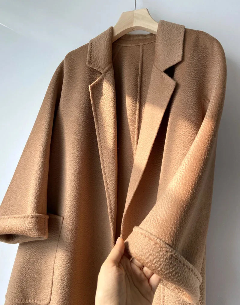 Korean Women Handmade Hepburn Corrugated Water Ripples Coat Double-sided Cashmere Wool Long Woolen Jacket Cashmere Coat Max