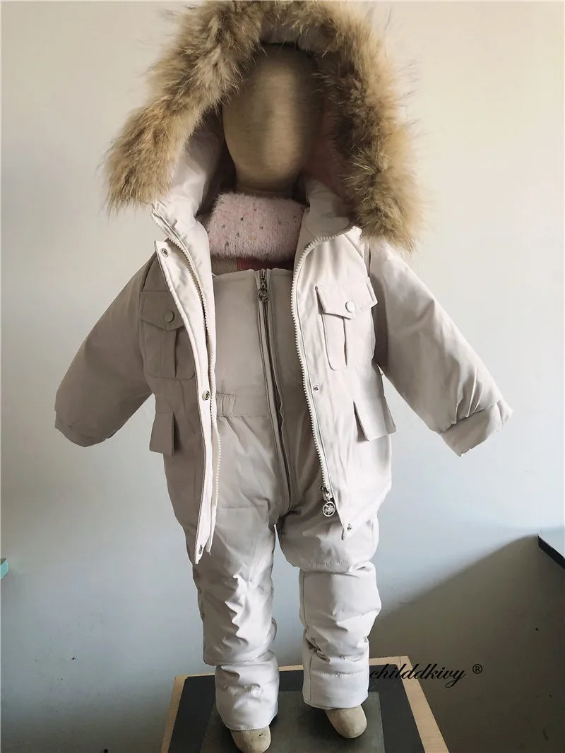 2pcs Set Children Winter Down Jacket and Jumpsuit for Baby Thicken Jacket for Girls Coat Warm Real Fur Collar Boys Snowsuit 0-4Y