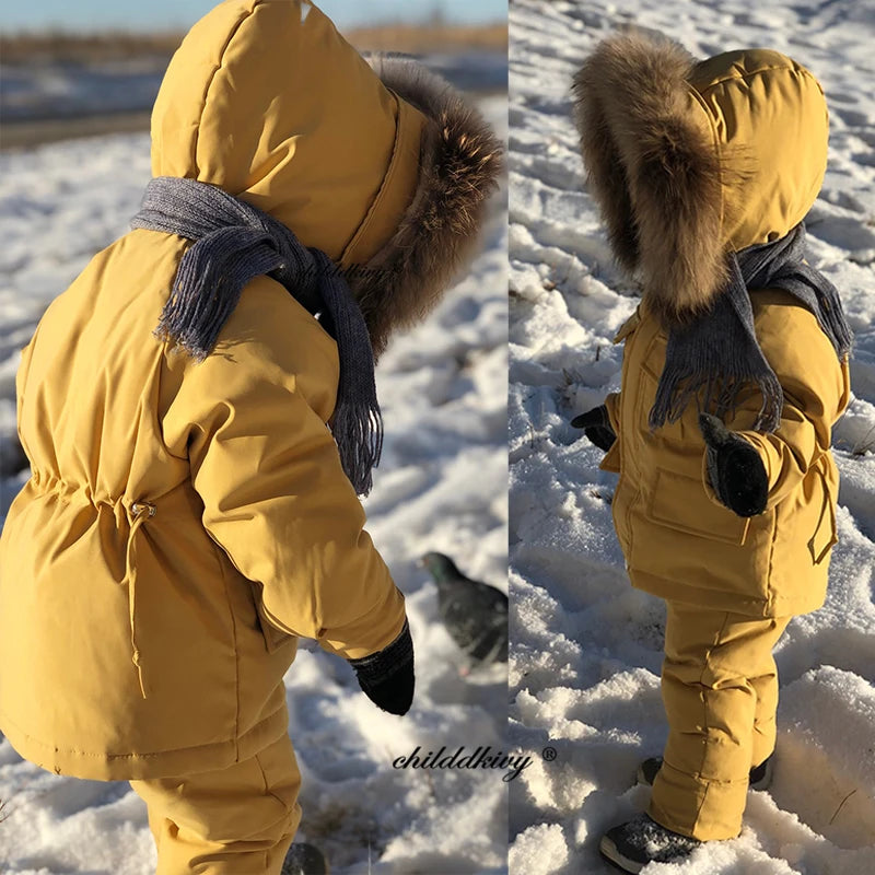 2pcs Set Children Winter Down Jacket and Jumpsuit for Baby Thicken Jacket for Girls Coat Warm Real Fur Collar Boys Snowsuit 0-4Y