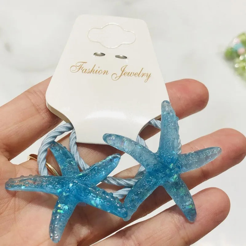 2Pcs Shiny Starfish Children Elastic Hair Bands Ponytail Holder Hair Ties Headband Scrunchie Hair Accessories for Girls