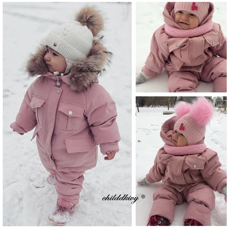 2pcs Set Children Winter Down Jacket and Jumpsuit for Baby Thicken Jacket for Girls Coat Warm Real Fur Collar Boys Snowsuit 0-4Y