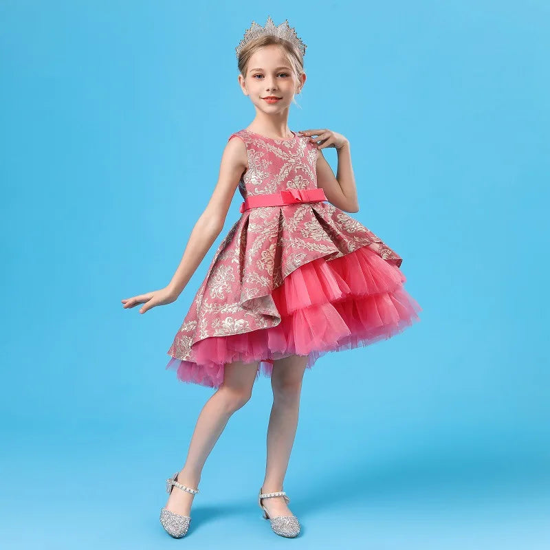 Layered Vintage Embroidery Baby Girls Princess Dress For Party Performance Elegant Kids Clothing платья для девочек 1-8 Years