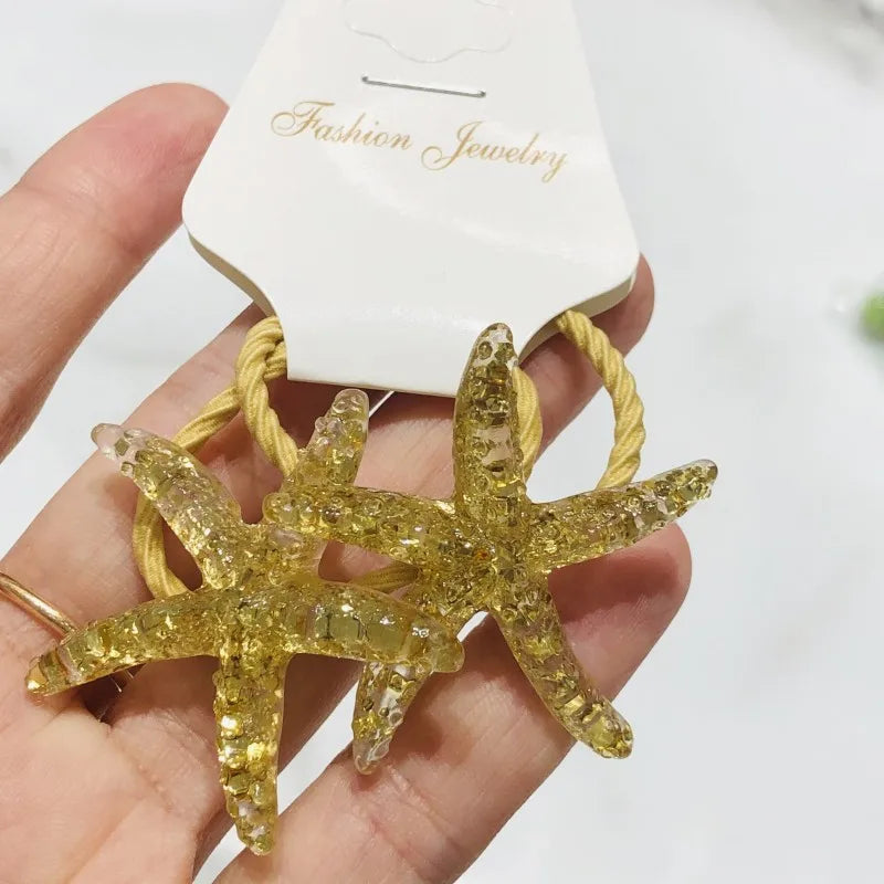 2Pcs Shiny Starfish Children Elastic Hair Bands Ponytail Holder Hair Ties Headband Scrunchie Hair Accessories for Girls