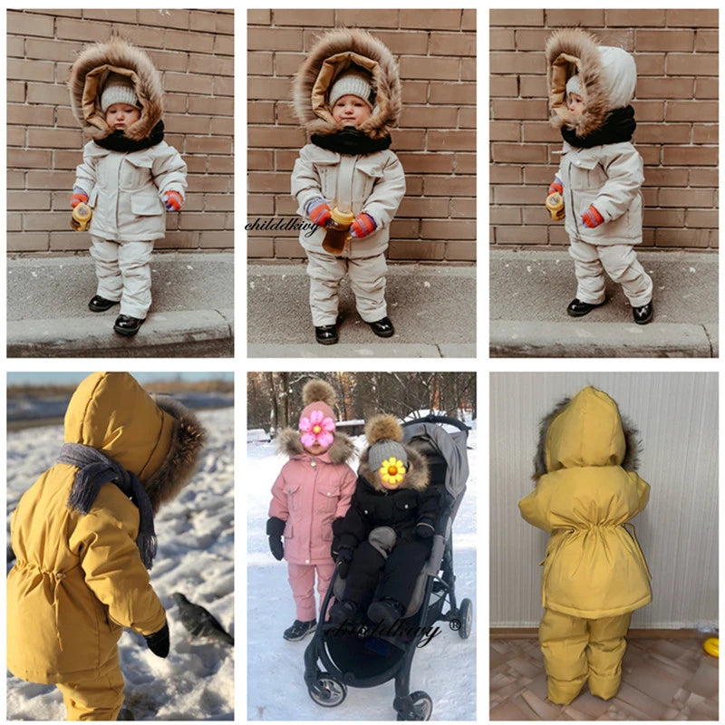 2pcs Set Children Winter Down Jacket and Jumpsuit for Baby Thicken Jacket for Girls Coat Warm Real Fur Collar Boys Snowsuit 0-4Y