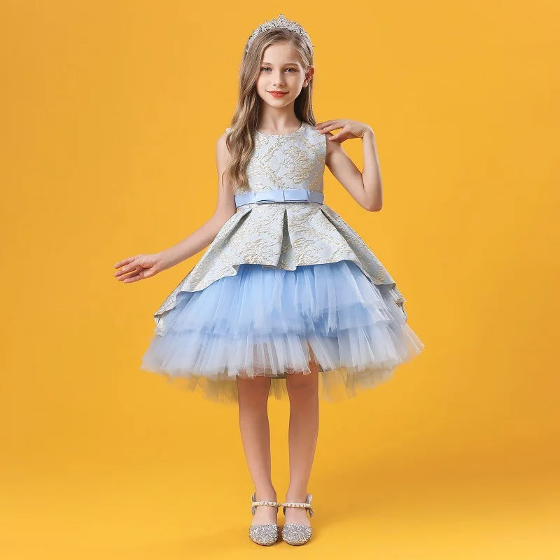 Layered Vintage Embroidery Baby Girls Princess Dress For Party Performance Elegant Kids Clothing платья для девочек 1-8 Years