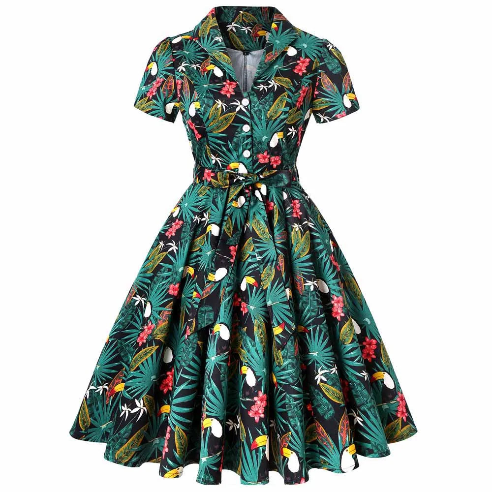 2025 Parrot Bird Print Summer Women Vintage Dress Casual Green Retro Pin UP Pinup Party Robe Rockabilly 50s 60s Swing Sundress