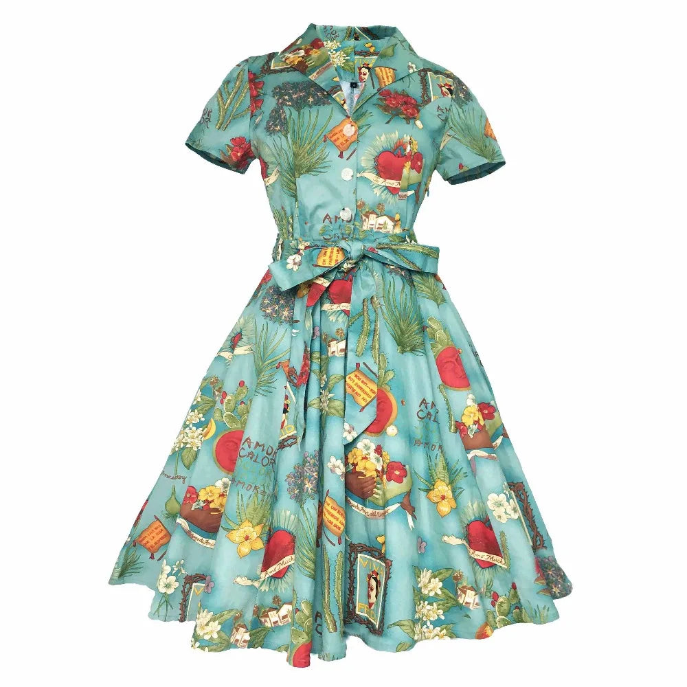 2025 Parrot Bird Print Summer Women Vintage Dress Casual Green Retro Pin UP Pinup Party Robe Rockabilly 50s 60s Swing Sundress