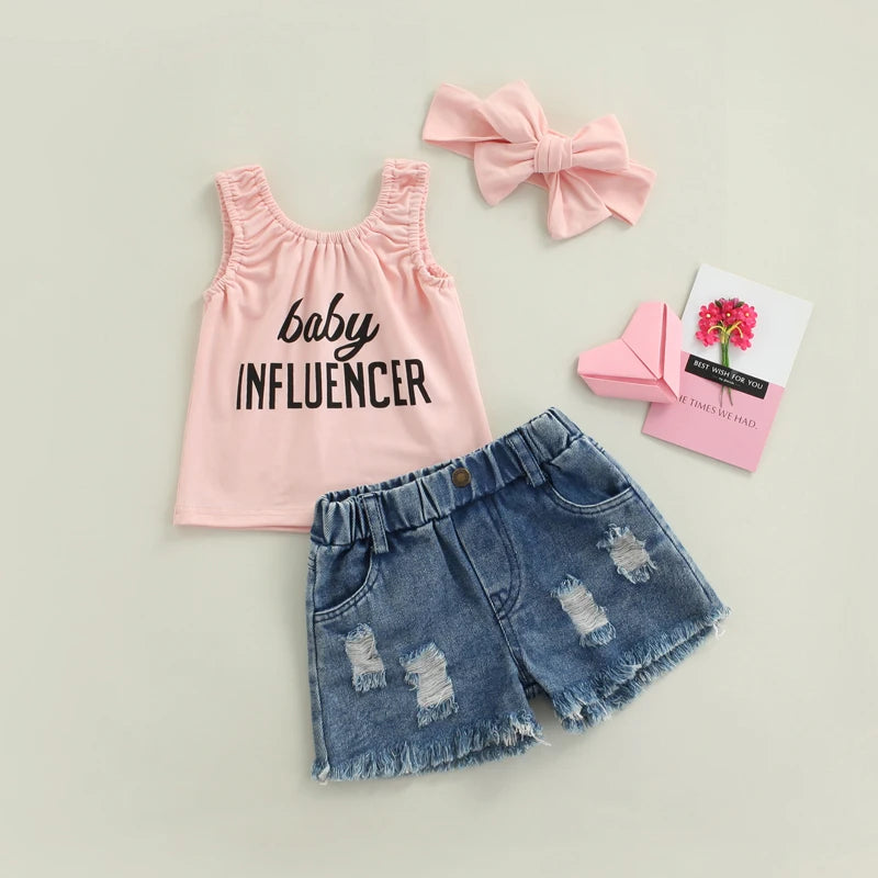 FOCUSNORM 0-5Y Fashion Baby Girls 3pcs Clothes Sets Letter Printed Sleeveless Vest Tops+High Waist Denim Shorts Headband