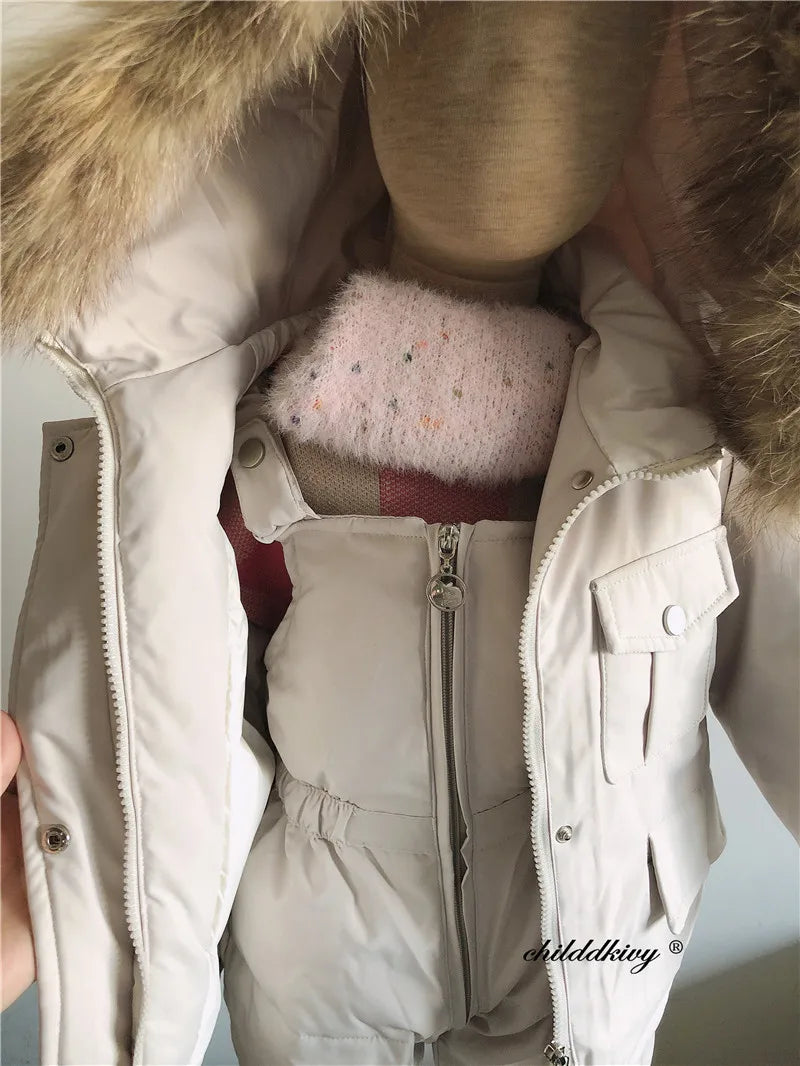 2pcs Set Children Winter Down Jacket and Jumpsuit for Baby Thicken Jacket for Girls Coat Warm Real Fur Collar Boys Snowsuit 0-4Y
