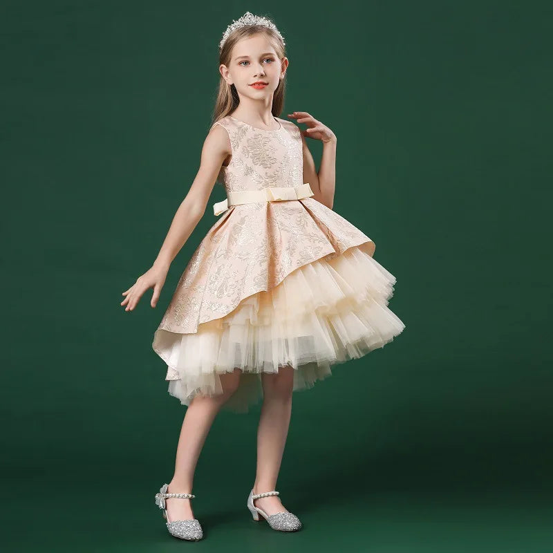 Layered Vintage Embroidery Baby Girls Princess Dress For Party Performance Elegant Kids Clothing платья для девочек 1-8 Years