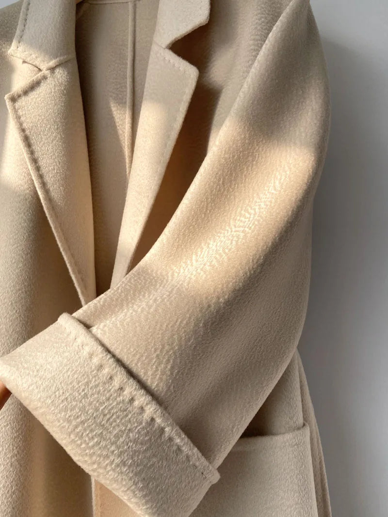 Korean Women Handmade Hepburn Corrugated Water Ripples Coat Double-sided Cashmere Wool Long Woolen Jacket Cashmere Coat Max