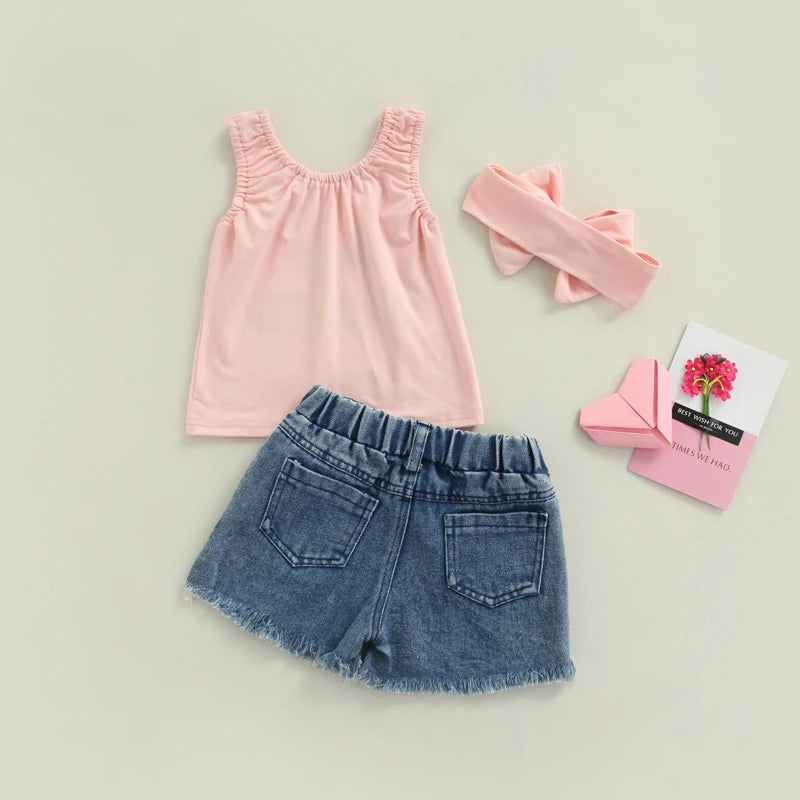 FOCUSNORM 0-5Y Fashion Baby Girls 3pcs Clothes Sets Letter Printed Sleeveless Vest Tops+High Waist Denim Shorts Headband