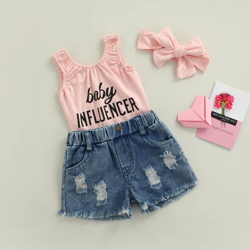 FOCUSNORM 0-5Y Fashion Baby Girls 3pcs Clothes Sets Letter Printed Sleeveless Vest Tops+High Waist Denim Shorts Headband