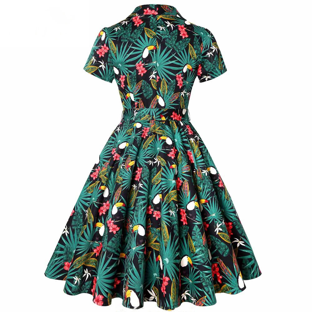 2025 Parrot Bird Print Summer Women Vintage Dress Casual Green Retro Pin UP Pinup Party Robe Rockabilly 50s 60s Swing Sundress