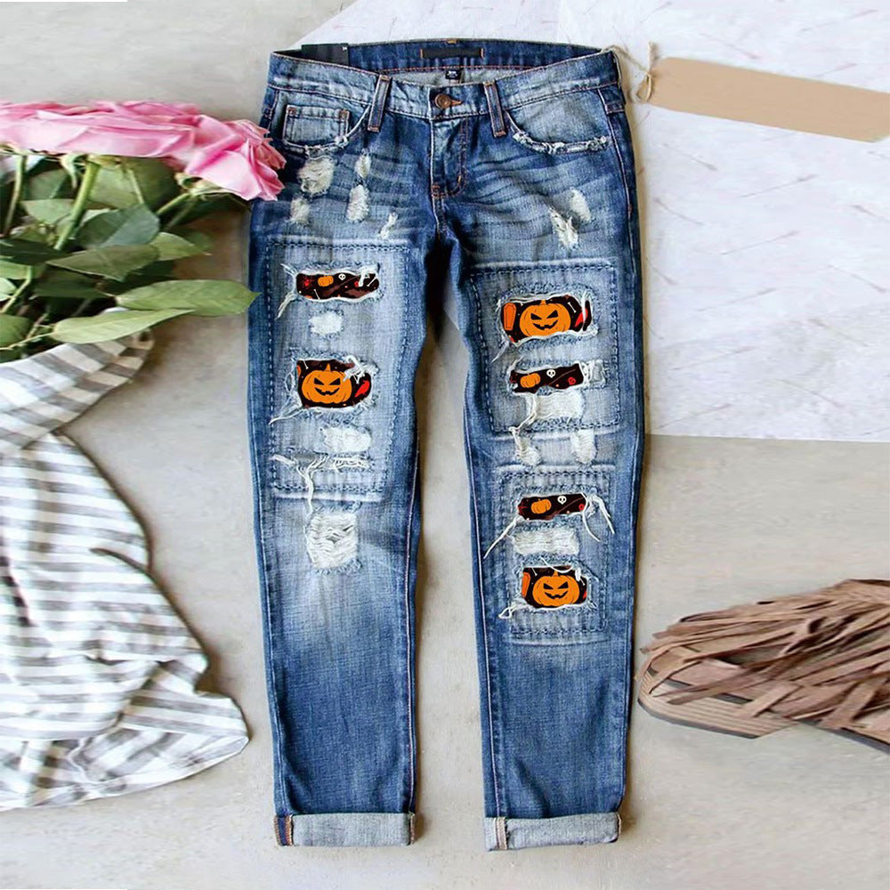 Women's Jeans Ripped Print Patch - Your Shopify