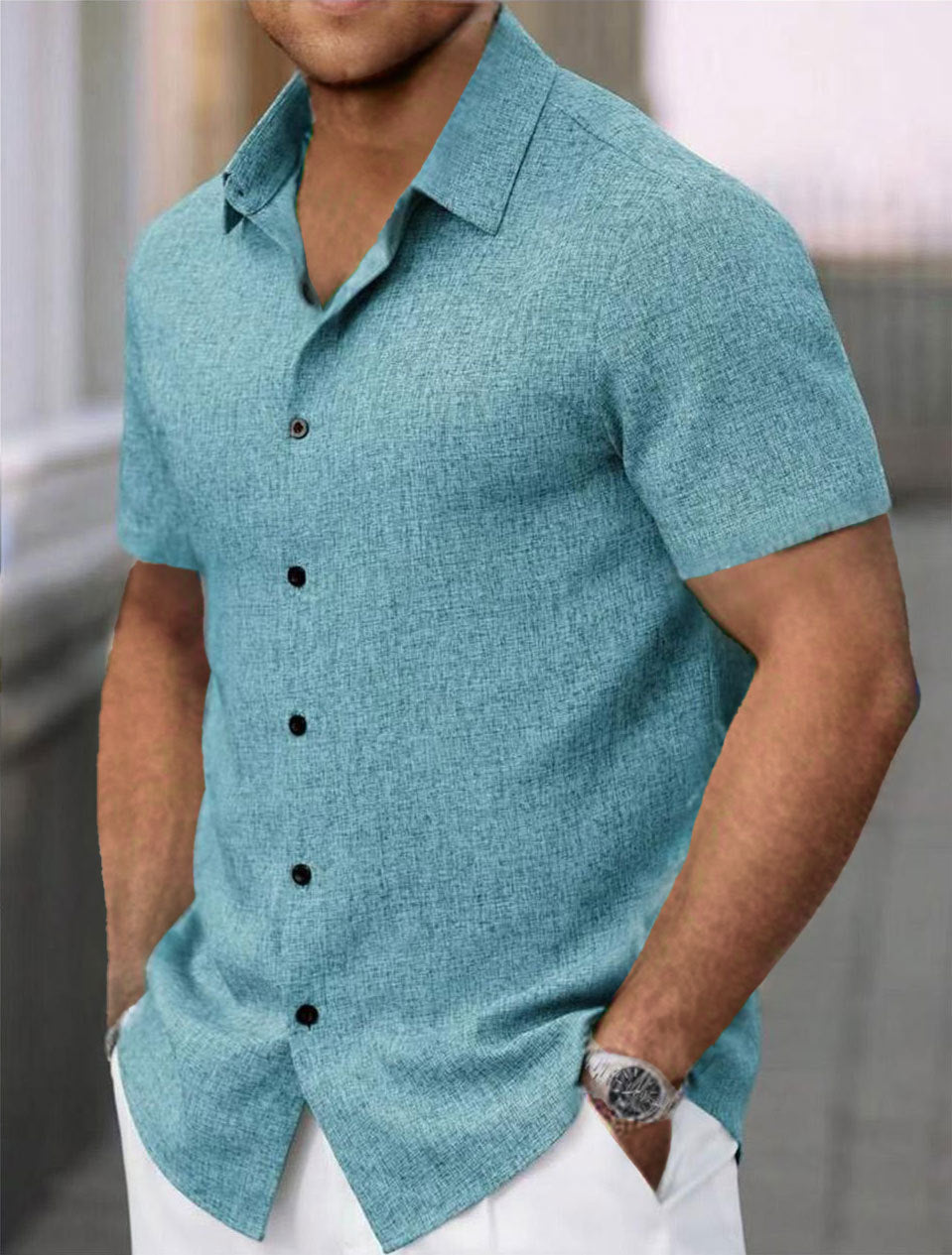 Men's Lapel Cotton And Linen Stripes Jacquard Loose Casual Shirt - Your Shopify