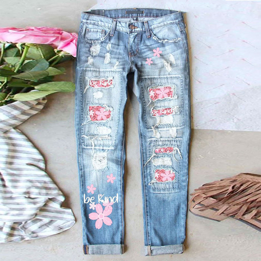 Women's Jeans Ripped Print Patch - Your Shopify