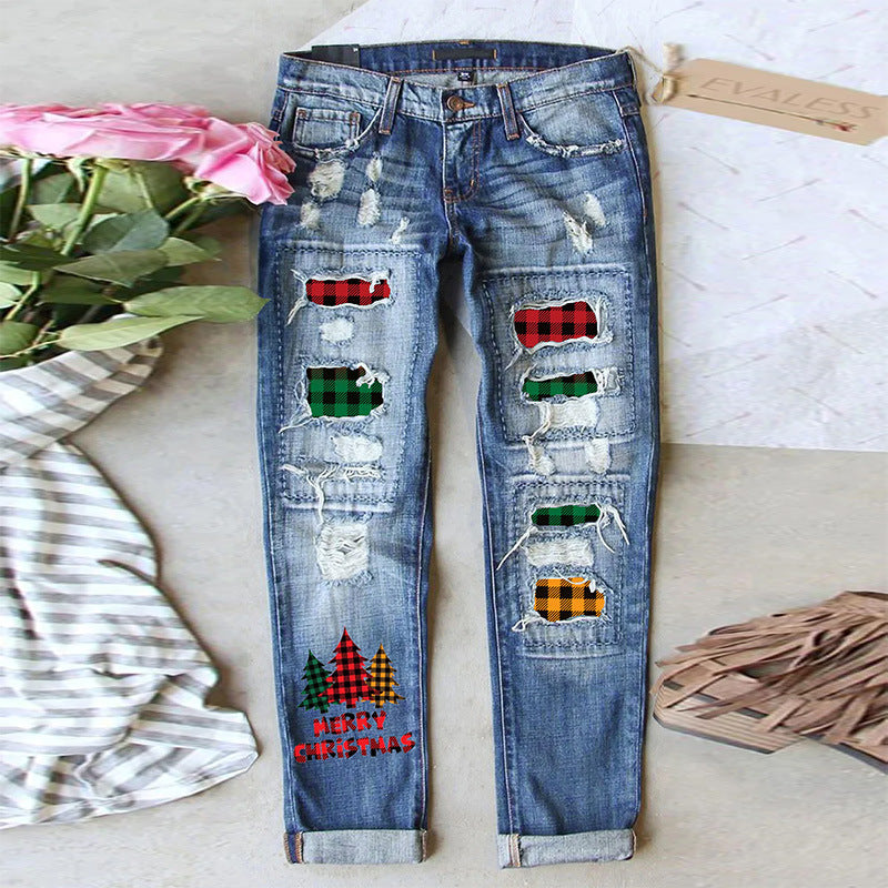 Women's Jeans Ripped Print Patch - Your Shopify