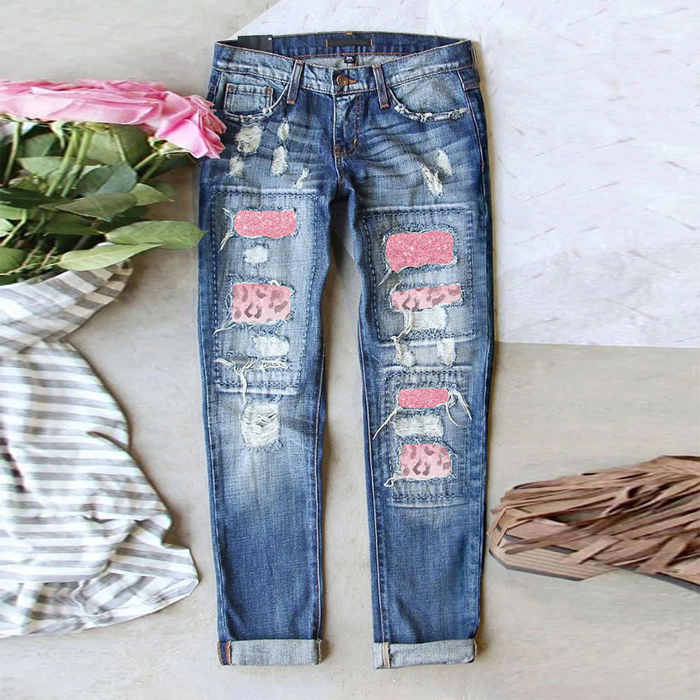 Women's Jeans Ripped Print Patch - Your Shopify