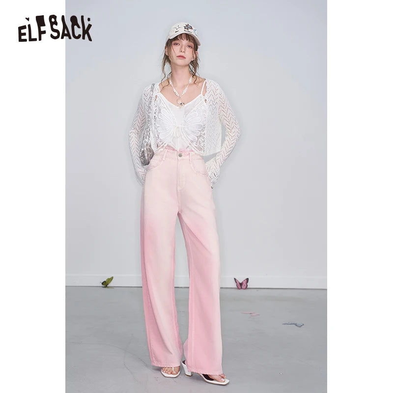 ELFSACK 2025 Spring New Arrivals Y2K Raw Edge High Waist Pink Gradient Jeans Women Sweet Wide Leg Pants