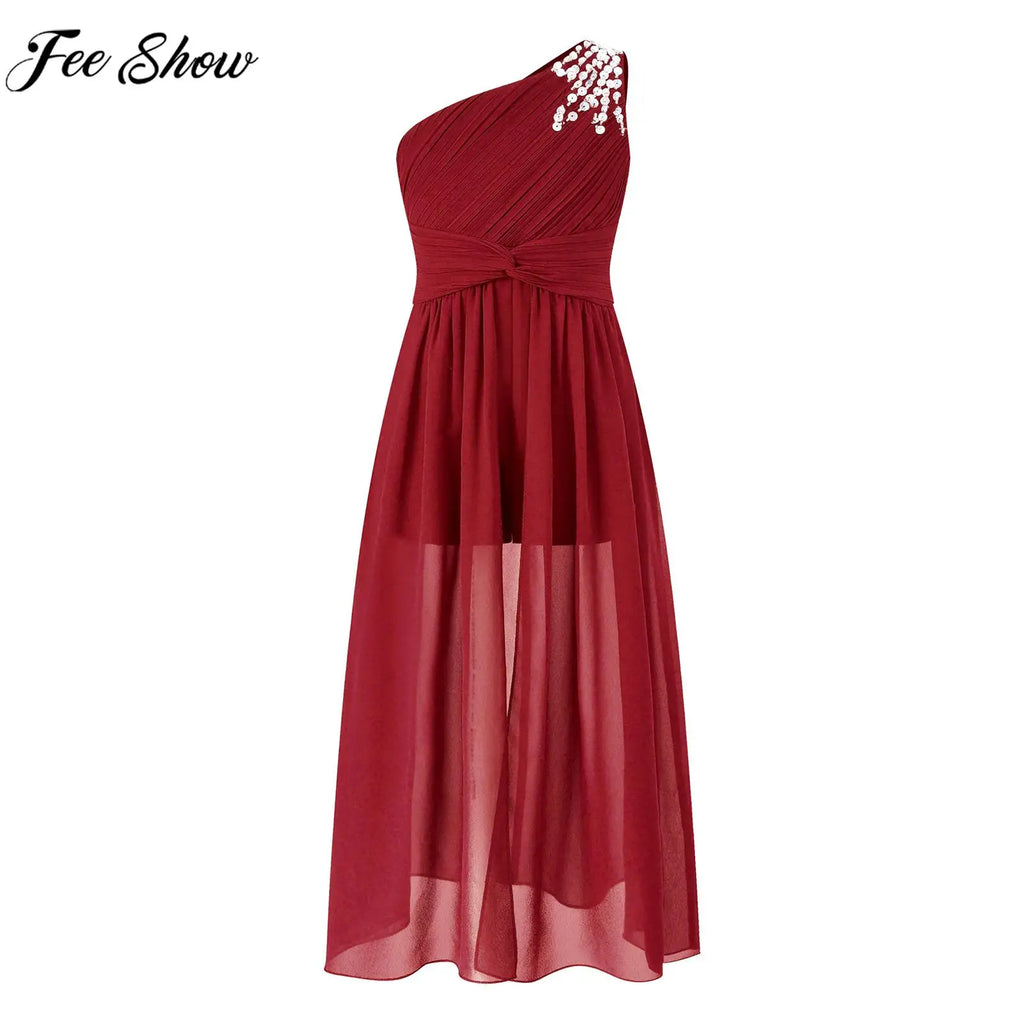 6-16Y Kids Girls Elegant Shiny Beaded Party Dress One Shoulder Ruched Jumpsuit Skirt Princess Wedding Birthday Evening Prom Gown