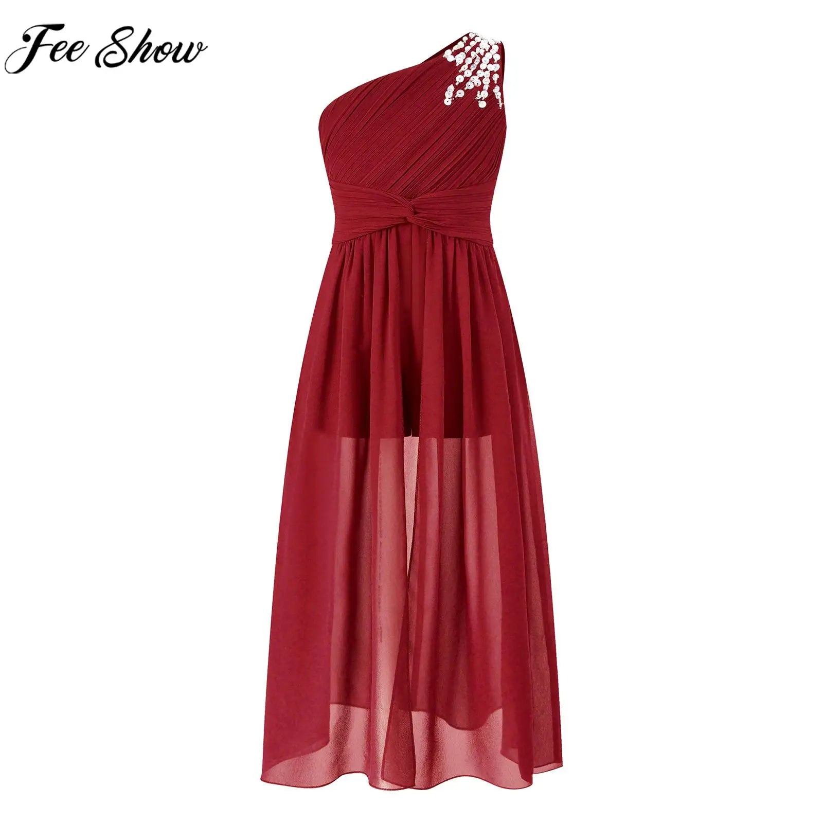6-16Y Kids Girls Elegant Shiny Beaded Party Dress One Shoulder Ruched Jumpsuit Skirt Princess Wedding Birthday Evening Prom Gown