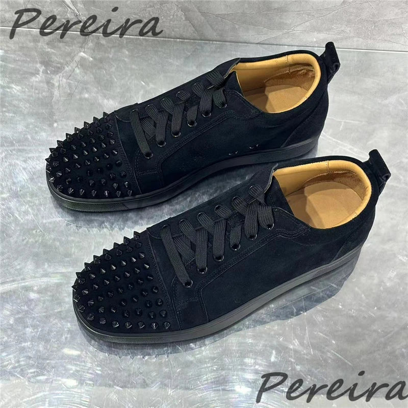 Men Rivet Casual Shoes Couple Sneakers Red Suede Round Toe Lace-Up Flats Summer Genuine Leather Platform Outdoor Walking Shoes