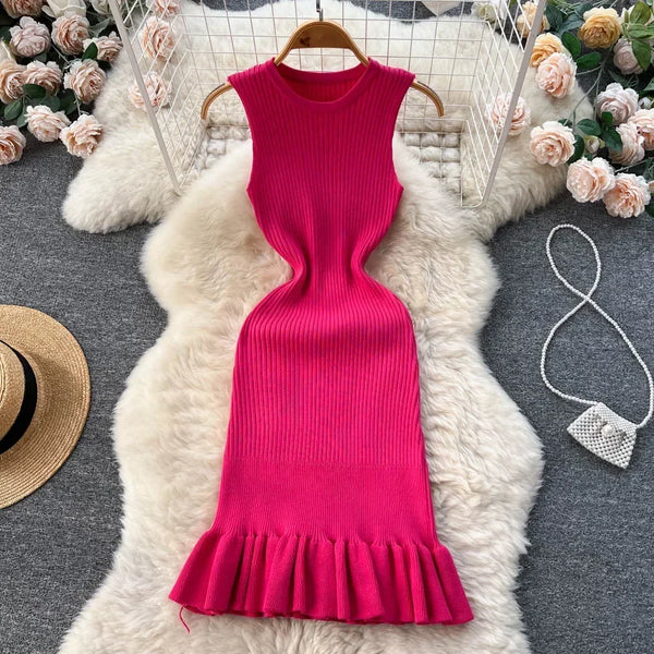 Abrini Summer Women Knitted Sexy Bodycon Dress O-Neck Sleeveless Ruffled Party Sundress High Street Elastic Slim Solid Dress