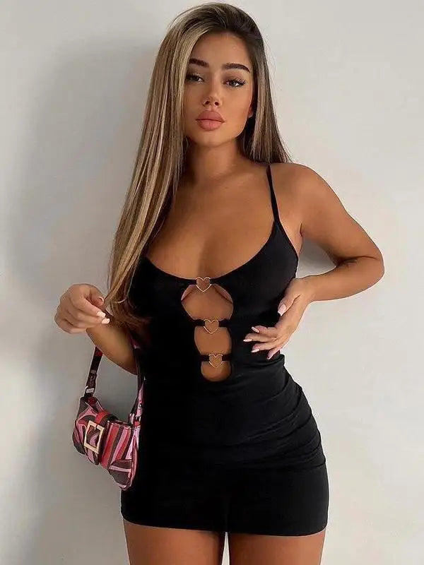 2024 New Love Heart Hollow Out Hanging Neck Backless Dress Women's Pure Desire Cinching Waist Wrap Hip Slim Short Dress LBOA