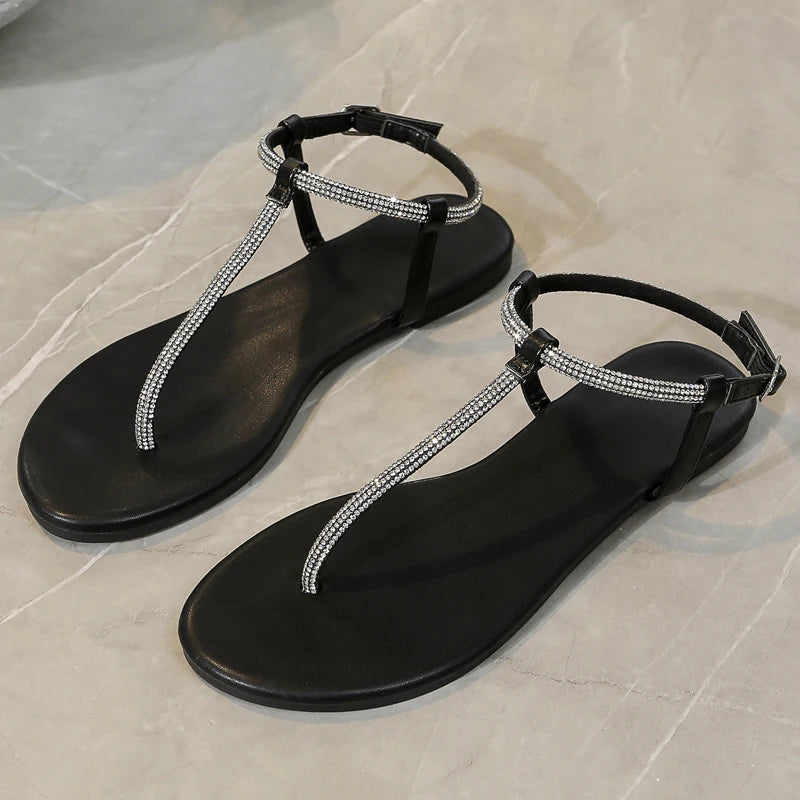 New Shoes for Women Rhinestone Sandals Outdoor Beach T-shaped Toe Clip Fashion Flat Bottom Simple Comfortable Beach Slippers