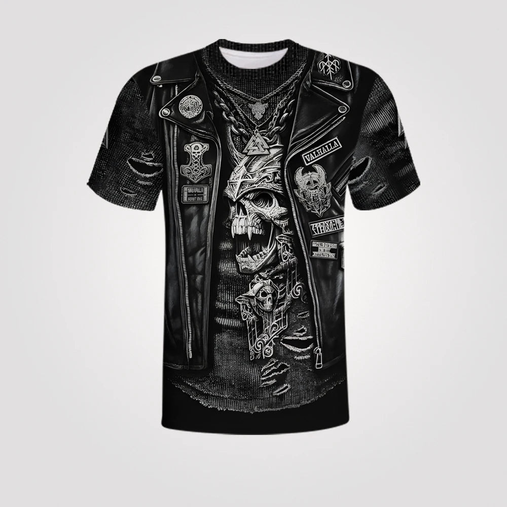 Jeans Jacket 3D Print T-shirts For Men Oversized Short Sleeve Clothing Leather Printing Round Neck Vintage Summer Biker Jacket