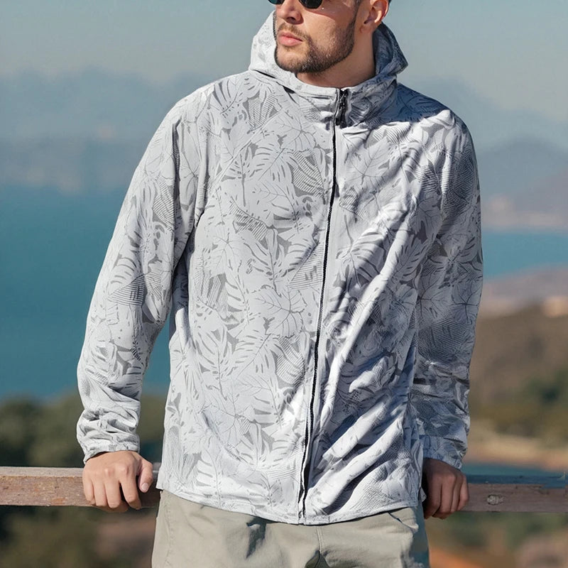 2025 New Male Leaves Hooded Sunscreen Outdoor Summer UV Skin Coat Jacket Solid Color Ice Silk Quick Dry Sunscreen UV Protection