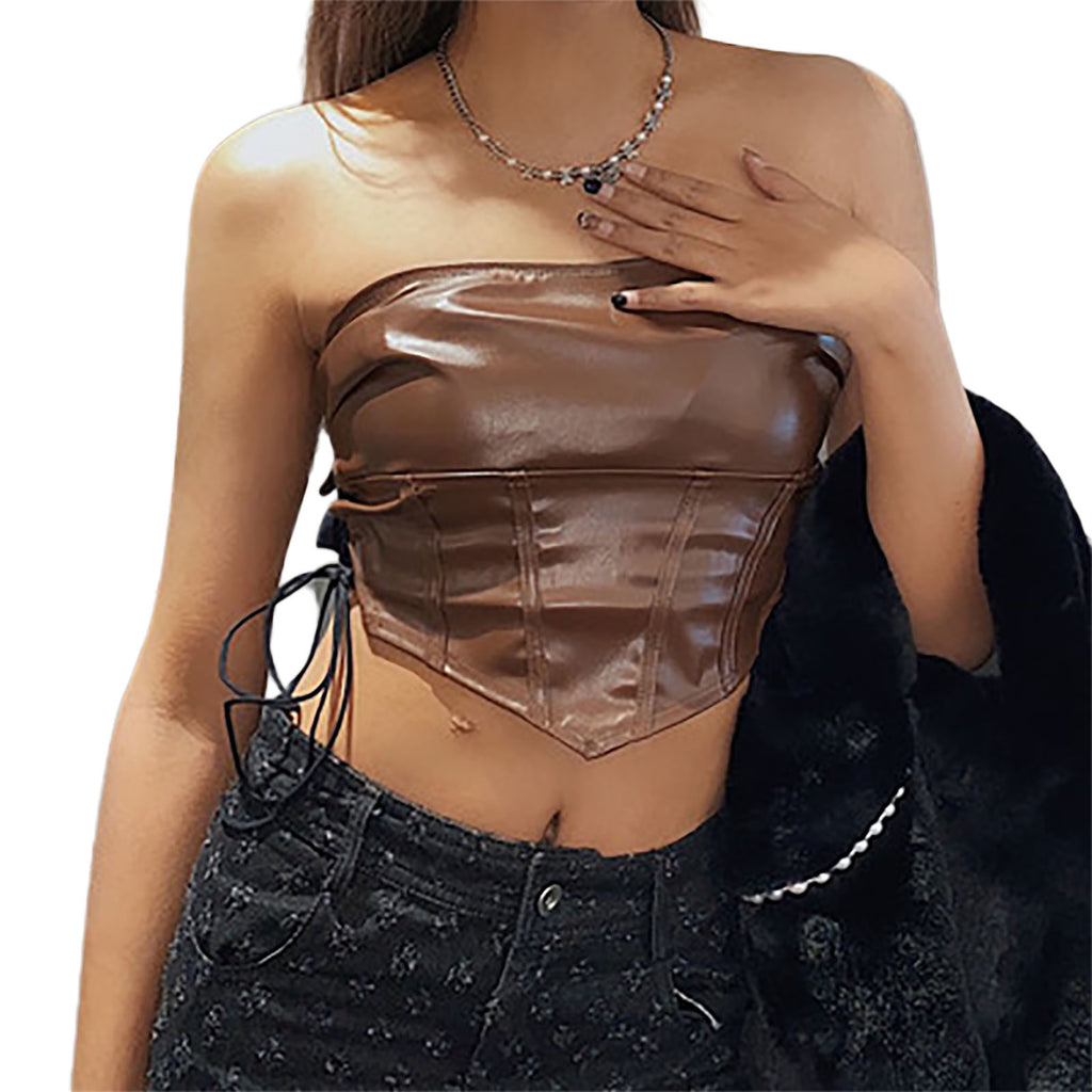Women Strapless Tube Top Sexy Ladies Female Solid PU Leather Tanks Vest Sexy Backless Skinny Off Shoulder Sleeveless Crop Tops
